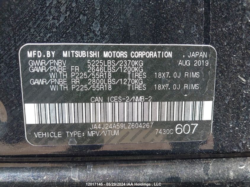 2020 Mitsubishi Outlander Sel/Gt/Fe VIN: JA4J24A59LZ604267 Lot: 12017145