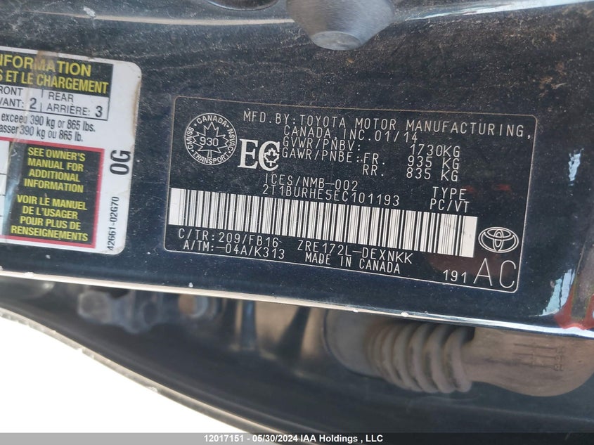 2014 Toyota Corolla Le VIN: 2T1BURHE5EC101193 Lot: 12017151