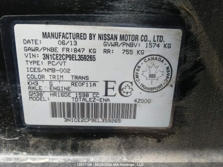 2014 Nissan Versa Note S/S Plus/Sv/Sl VIN: 3N1CE2CP9EL359265 Lot: 12017158