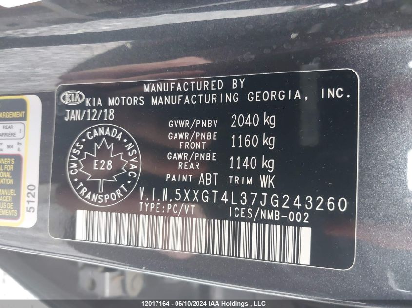 2018 Kia Optima Lx/S VIN: 5XXGT4L37JG243260 Lot: 12017164