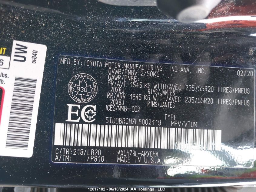 2020 Toyota Highlander Hybrid Limited VIN: 5TDDBRCH7LS002119 Lot: 12017182