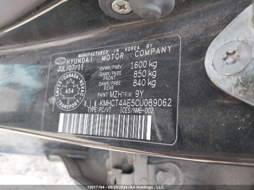 2012 Hyundai Accent Gls/Gs VIN: KMHCT4AE5CU089062 Lot: 12017184