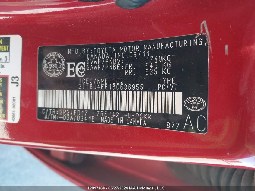 2011 Toyota Corolla VIN: 2T1BU4EE1BC686955 Lot: 12017188