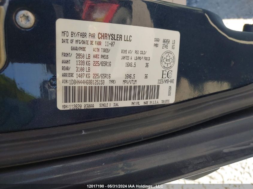 2008 Dodge Grand Caravan Se VIN: 1D8HN44H68B125159 Lot: 12017190