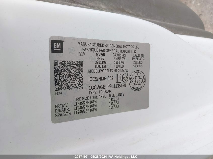 2020 Chevrolet Express Cargo Van VIN: 1GCWGBFP9L1135160 Lot: 12017197