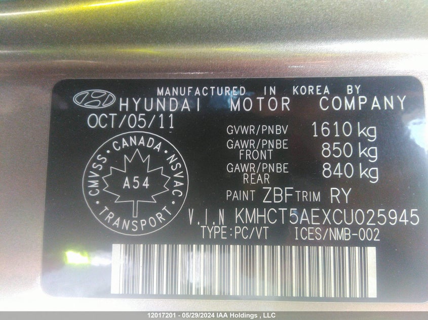 2012 Hyundai Accent Gls/Gs VIN: KMHCT5AEXCU025945 Lot: 12017201