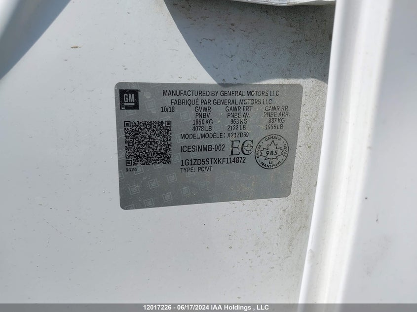 2019 Chevrolet Malibu VIN: 1G1ZD5STXKF114872 Lot: 12017226