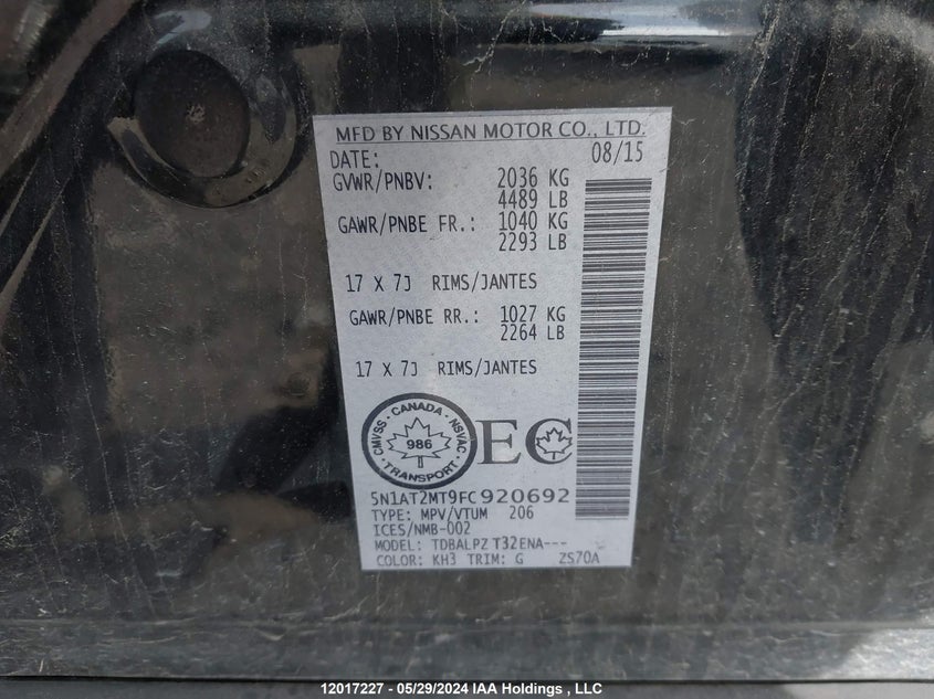 2015 Nissan Rogue VIN: 5N1AT2MT9FC920692 Lot: 12017227