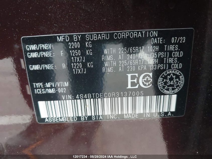 2024 Subaru Outback VIN: 4S4BTDEC0R3137005 Lot: 12017234