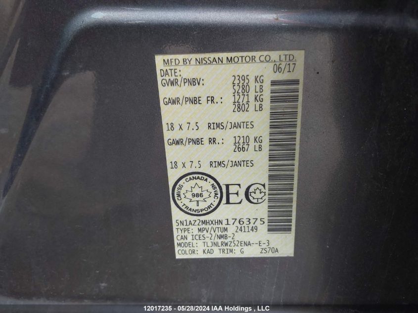 2017 Nissan Murano VIN: 5N1AZ2MHXHN176375 Lot: 12017235