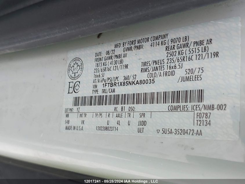 2022 Ford Transit T-250 VIN: 1FTBR1X85NKA80035 Lot: 12017241