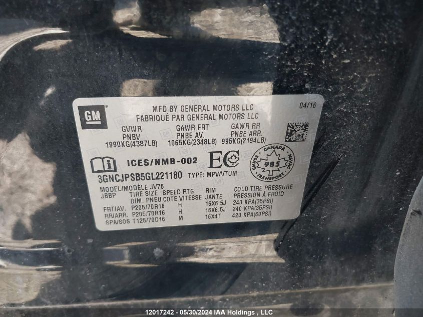 2016 Chevrolet Trax VIN: 3GNCJPSB5GL221180 Lot: 12017242
