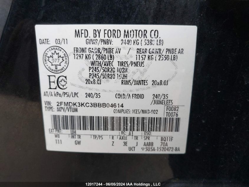 2011 Ford Edge Limited VIN: 2FMDK3KC3BBB04614 Lot: 12017244