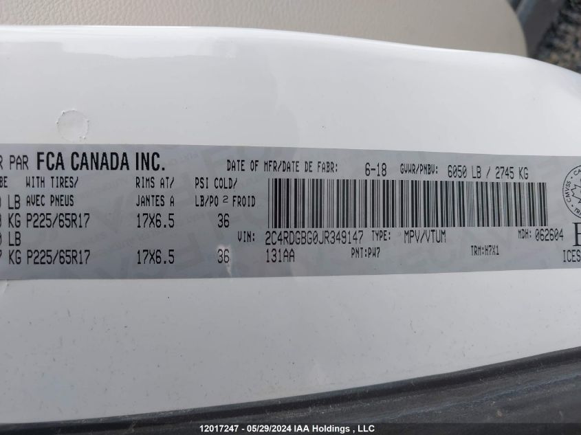 2018 Dodge Grand Caravan Cvp/Sxt VIN: 2C4RDGBG0JR349147 Lot: 12017247