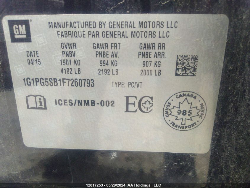 2015 Chevrolet Cruze VIN: 1G1PG5SB1F7260793 Lot: 12017253