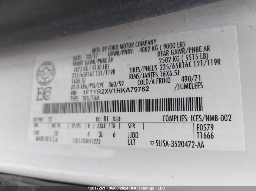 2017 Ford Ford VIN: 1FTYR2XV1HKA79782 Lot: 12017261