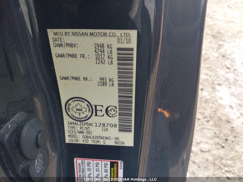 2010 Nissan Altima S VIN: 1N4AL2EP9AC128708 Lot: 12017268