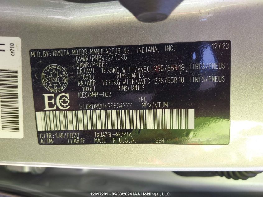 2024 Toyota Highlander Limited/Xle/Xse VIN: 5TDKDRBH4RS534777 Lot: 12017281