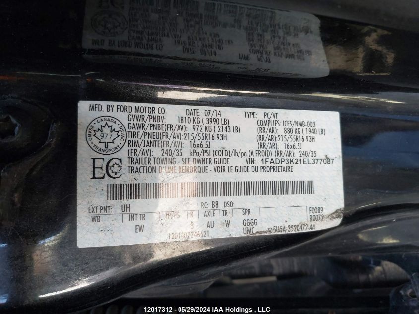 2014 Ford Focus VIN: 1FADP3K21EL377087 Lot: 12017312