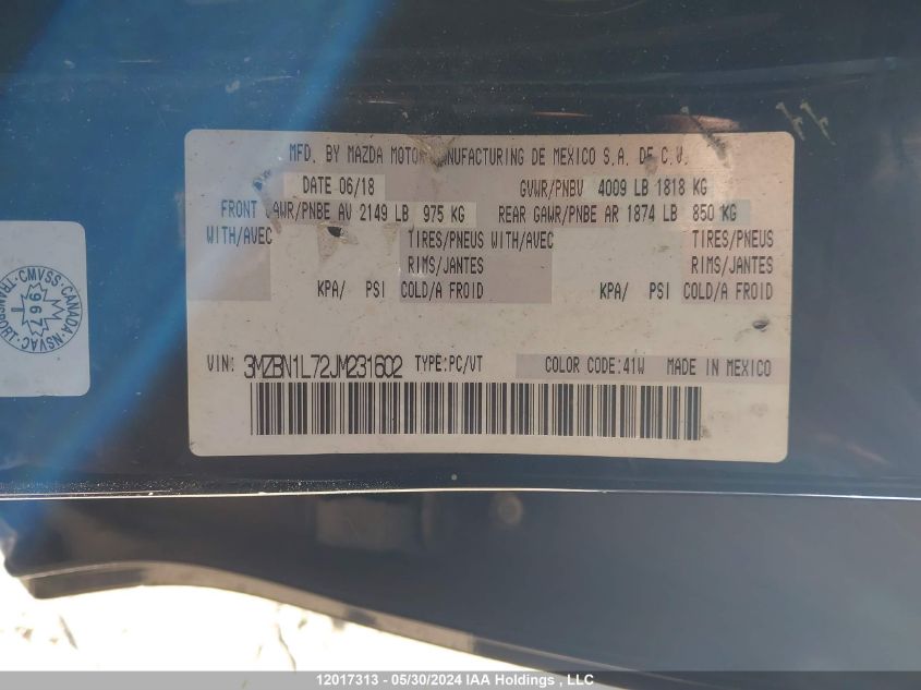 2018 Mazda Mazda3 VIN: 3MZBN1L72JM231602 Lot: 12017313