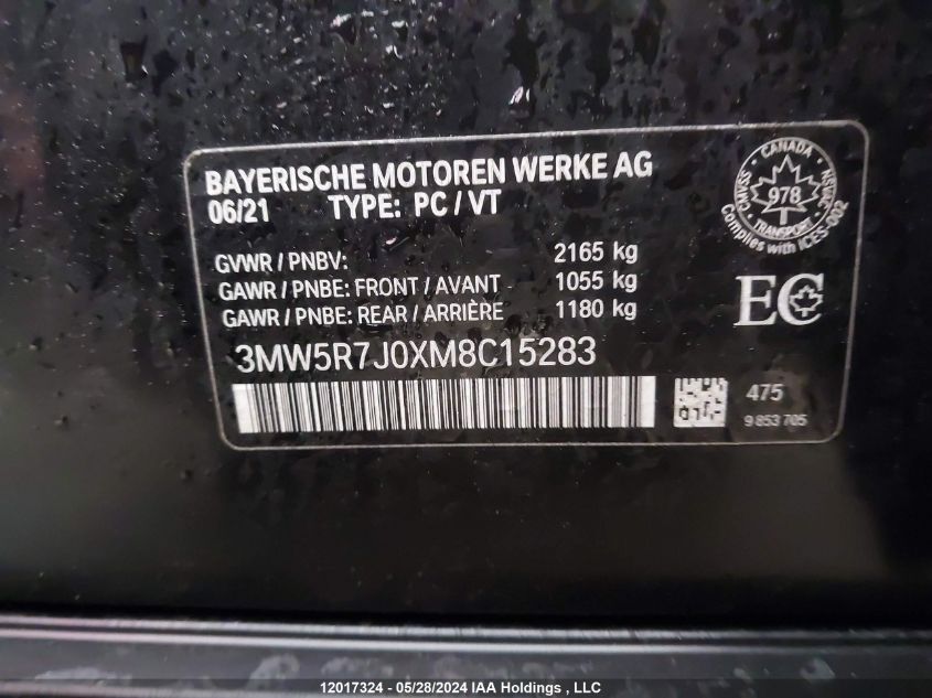 2021 BMW 3 Series VIN: 3MW5R7J0XM8C15283 Lot: 12017324
