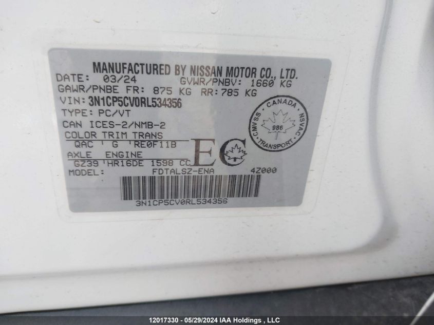 2024 Nissan Kicks Sv VIN: 3N1CP5CV0RL534356 Lot: 12017330