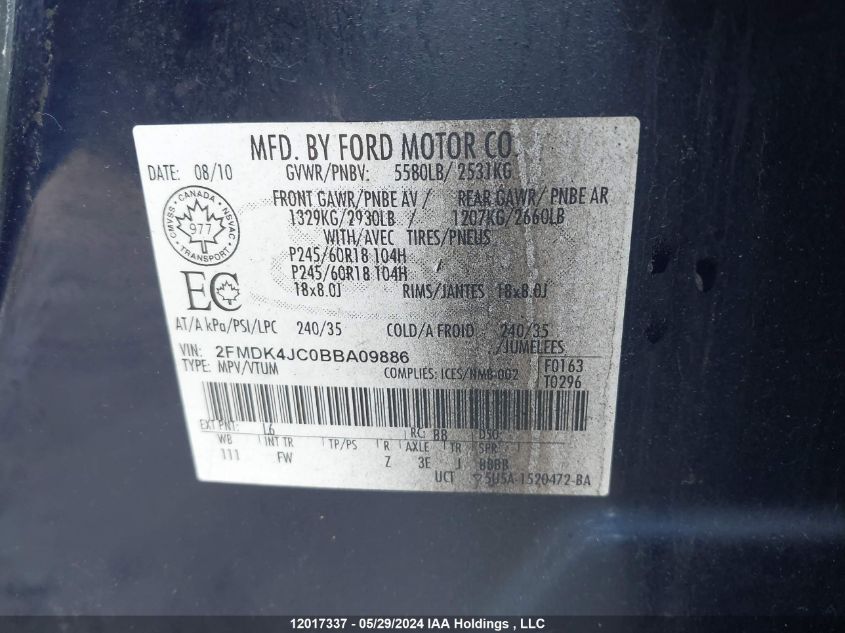 2011 Ford Edge Sel VIN: 2FMDK4JC0BBA09886 Lot: 12017337