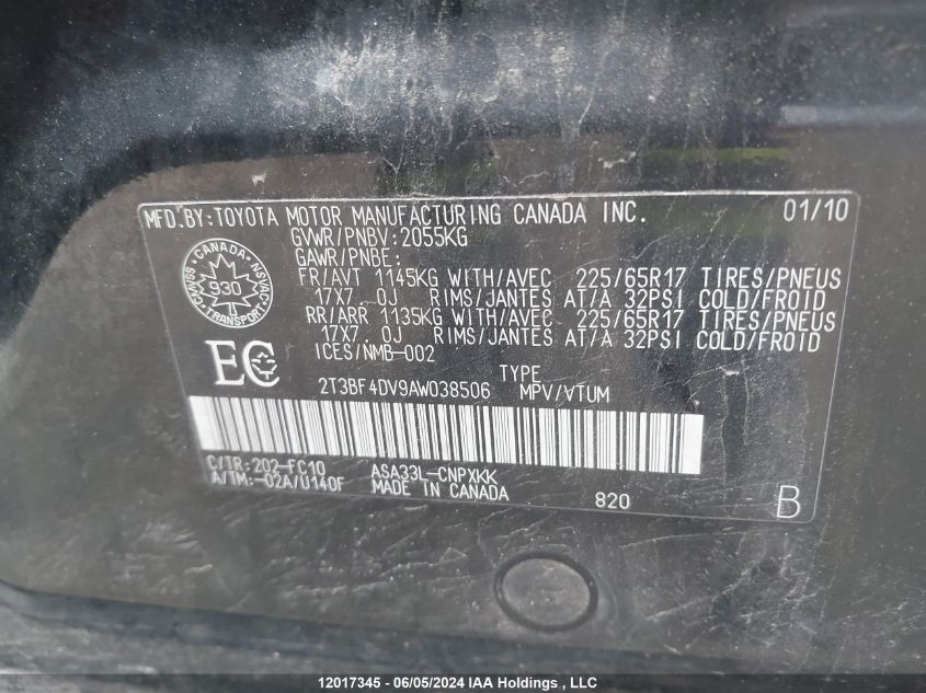 2010 Toyota Rav4 VIN: 2T3BF4DV9AW038506 Lot: 12017345