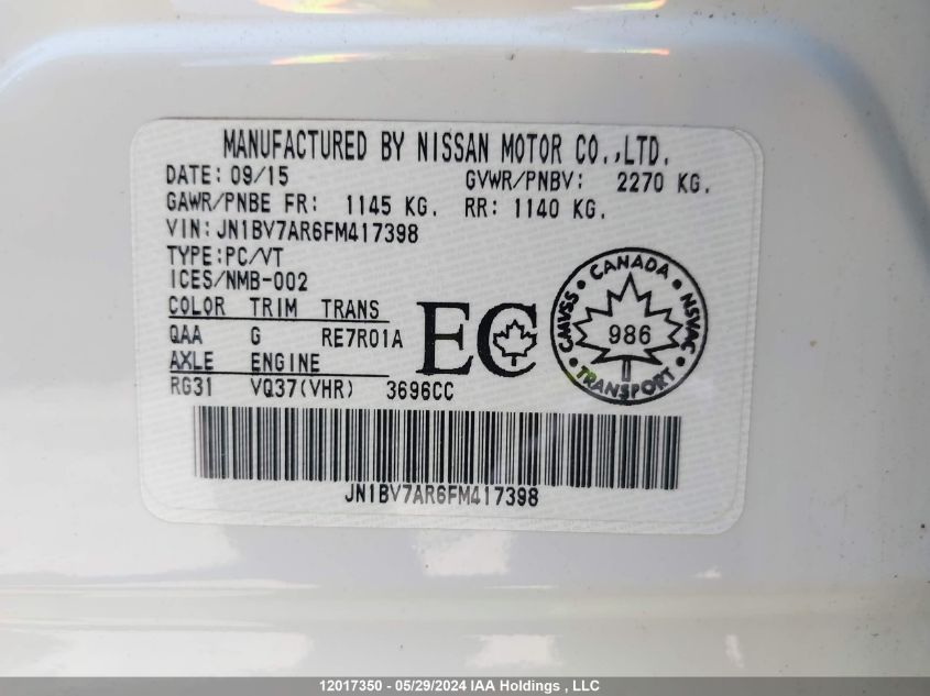 2015 Infiniti Q50 VIN: JN1BV7AR6FM417398 Lot: 12017350