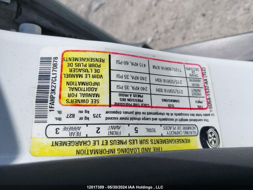 2012 Ford Focus Se VIN: 1FAHP3K27CL170878 Lot: 12017359