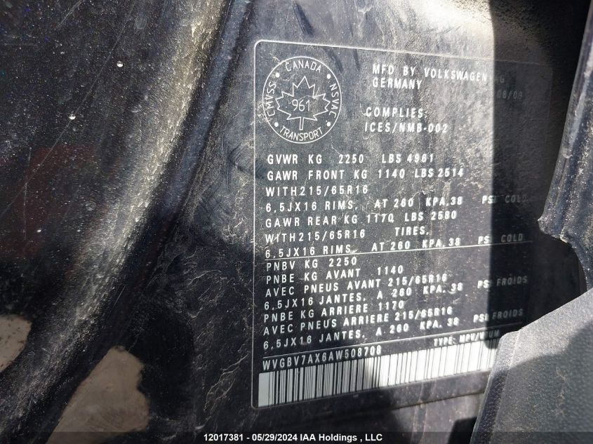 2010 Volkswagen Tiguan VIN: WVGBV7AX6AW508708 Lot: 12017381