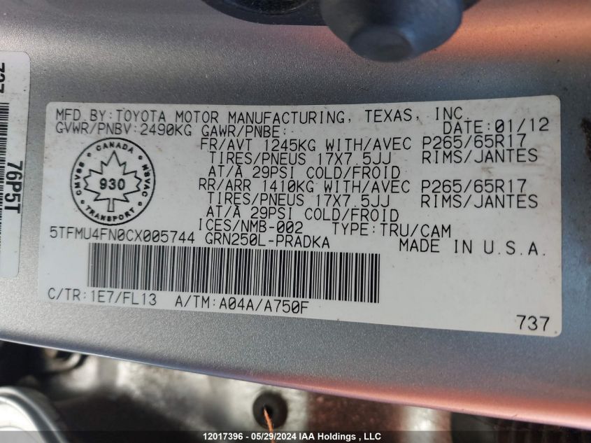 2012 Toyota Tacoma Double Cab Long Bed VIN: 5TFMU4FN0CX005744 Lot: 12017396