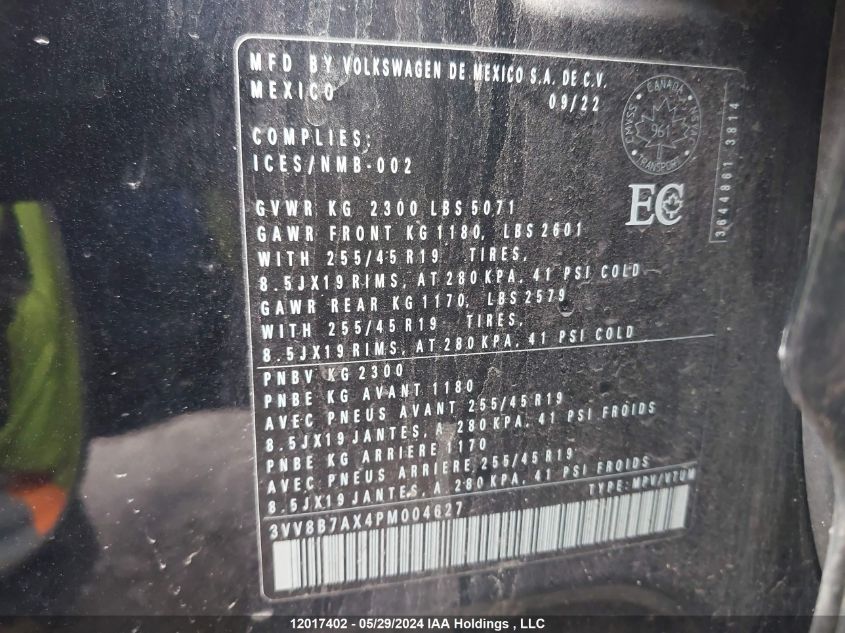 2023 Volkswagen Tiguan VIN: 3VV8B7AX4PM004627 Lot: 12017402