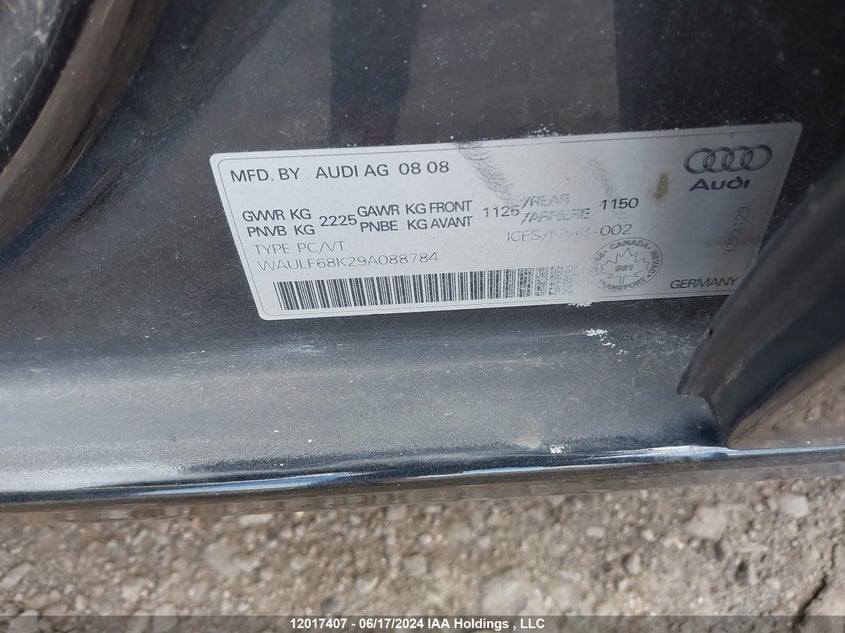 2009 Audi A4 2.0T Quattro VIN: WAULF68K29A088784 Lot: 12017407