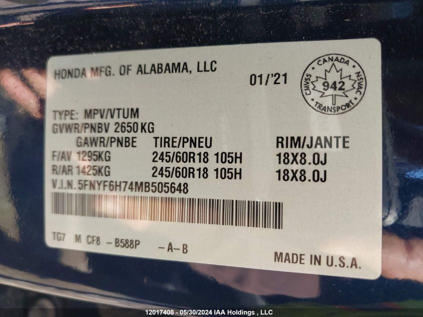 2021 Honda Pilot VIN: 5FNYF6H74MB505648 Lot: 12017408