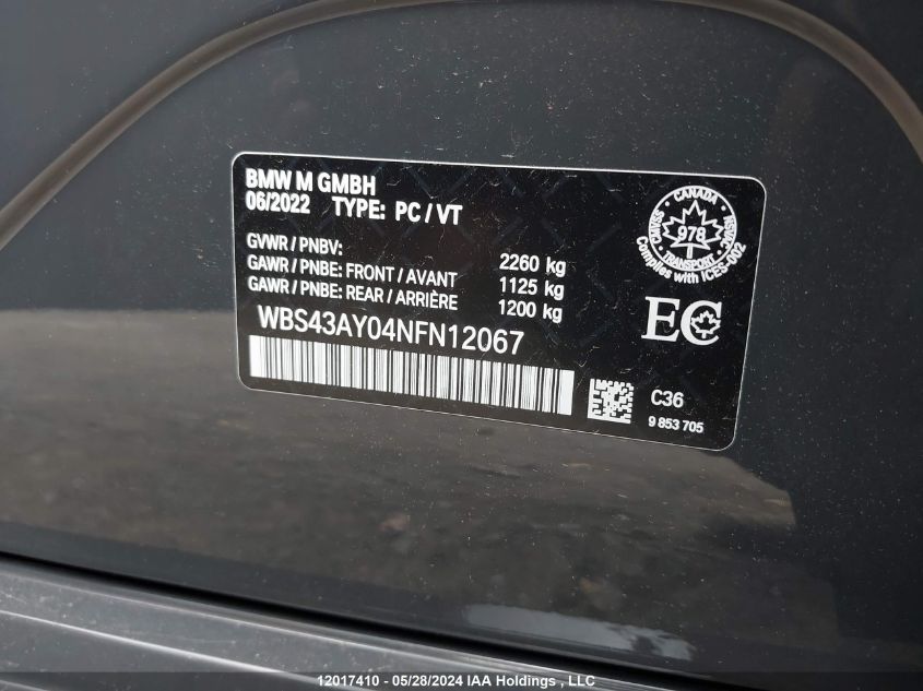 2022 BMW M3 VIN: WBS43AY04NFN12067 Lot: 12017410