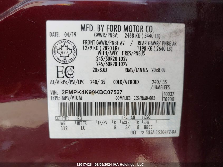 2019 Ford Edge VIN: 2FMPK4K99KBC07527 Lot: 12017428