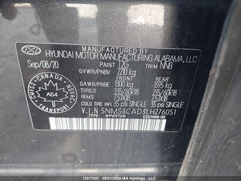 2020 Hyundai Santa Fe Sel/Sel Plus VIN: 5NMS3CAD3LH276051 Lot: 12017437