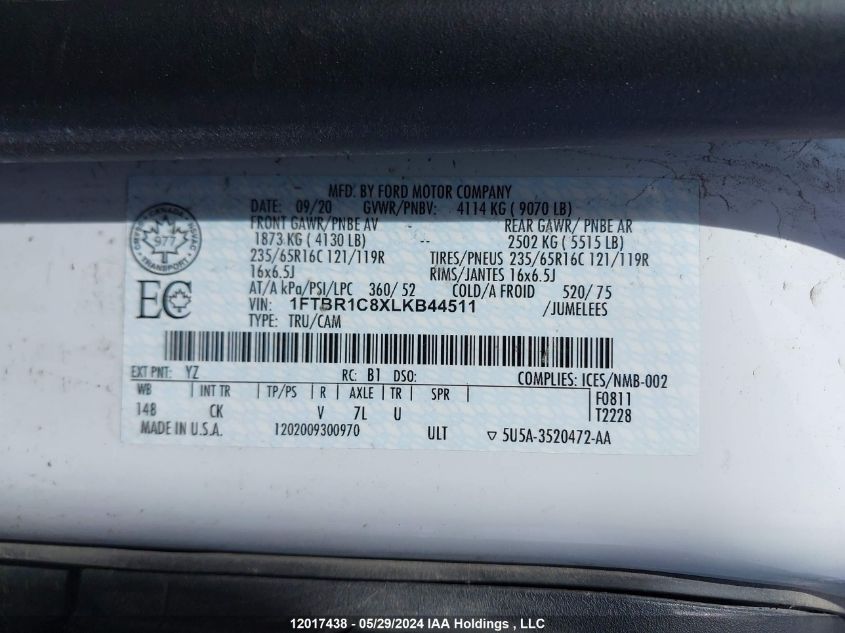 2020 Ford Transit T-250 VIN: 1FTBR1C8XLKB44511 Lot: 12017438
