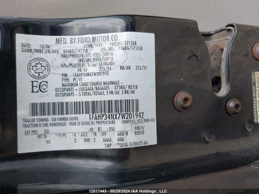 2007 Ford Focus Zx4/S/Se/Ses VIN: 1FAHP34NX7W201942 Lot: 12017443