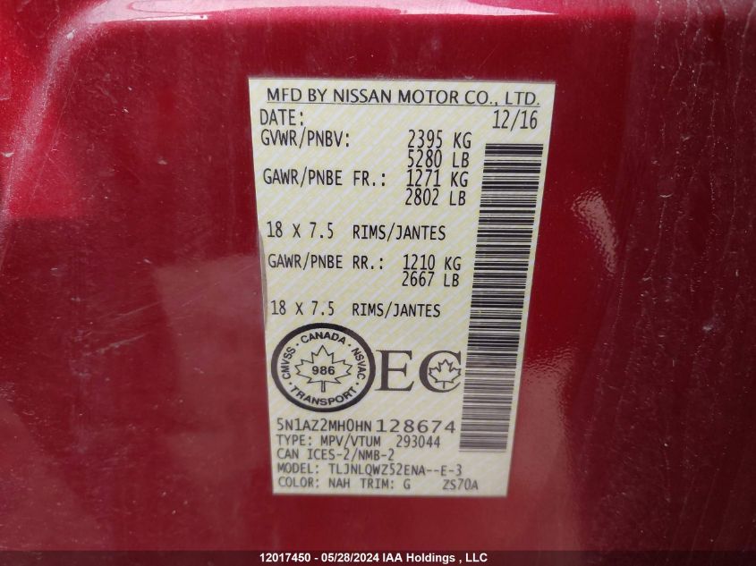 2017 Nissan Murano VIN: 5N1AZ2MH0HN128674 Lot: 12017450
