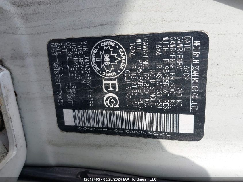 2009 Nissan Cube 1.8Sl VIN: JN8AZ28R39T116799 Lot: 12017465