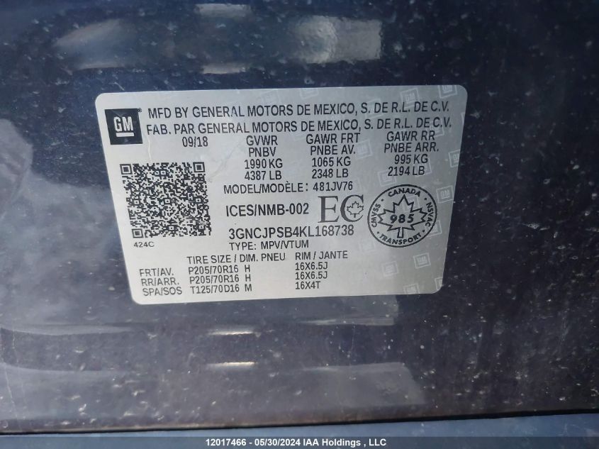 2019 Chevrolet Trax VIN: 3GNCJPSB4KL168738 Lot: 12017466