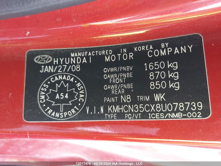 2008 Hyundai Accent Gs VIN: KMHCN35CX8U078739 Lot: 12017476