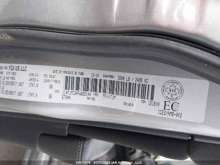 2015 Jeep Cherokee North VIN: 1C4PJMCS4FW625149 Lot: 12017478