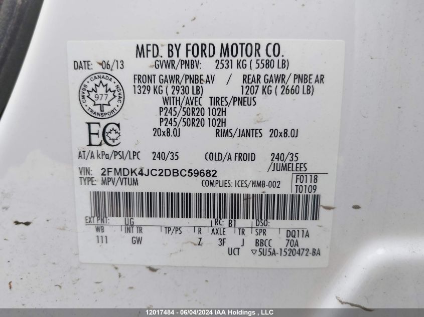 2013 Ford Edge VIN: 2FMDK4JC2DBC59682 Lot: 12017484