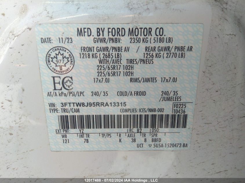 2024 Ford Maverick Xlt VIN: 3FTTW8J95RRA13315 Lot: 12017488