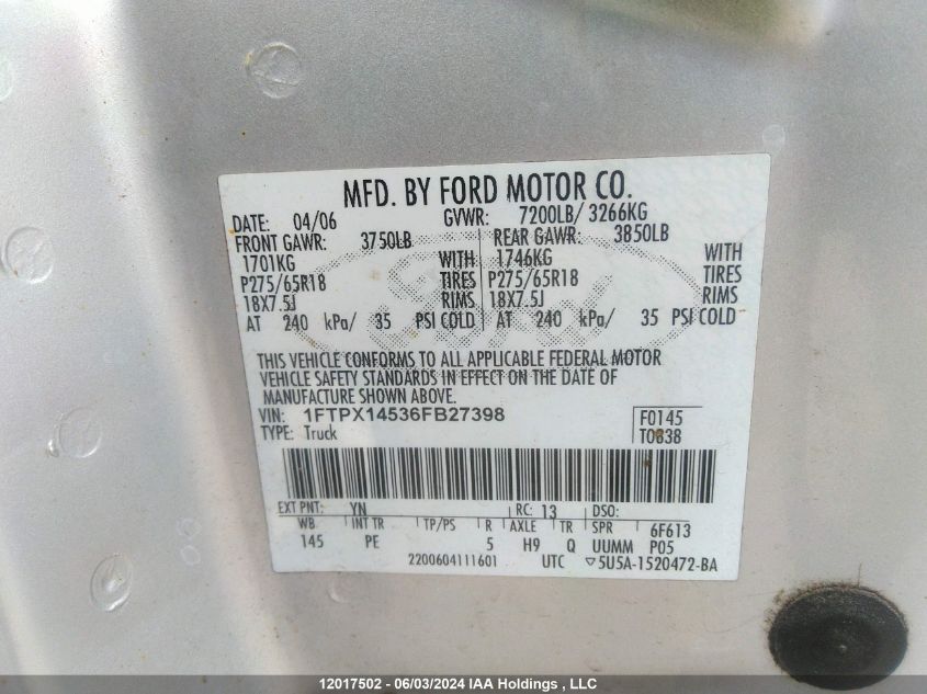 2006 Ford F-150 VIN: 1FTPX14536FB27398 Lot: 12017502