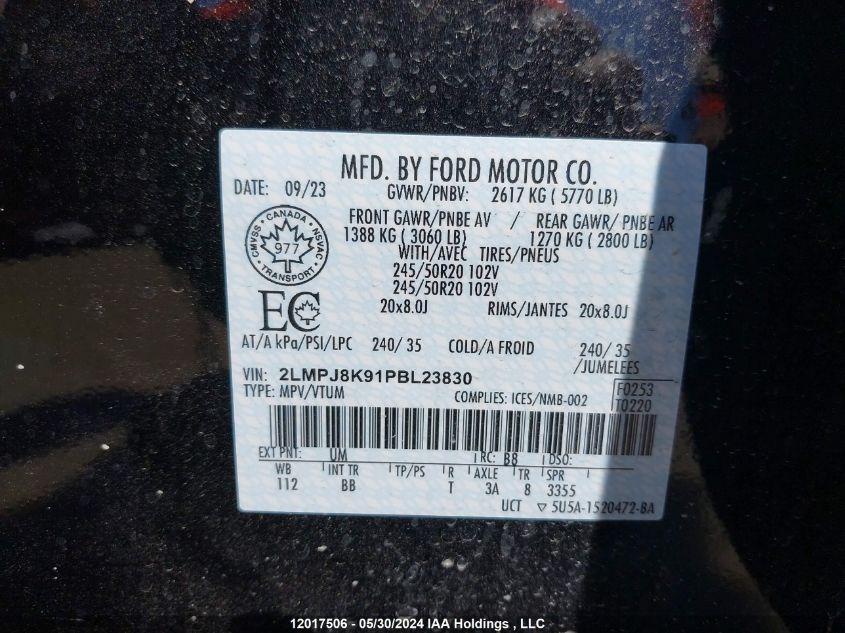 2023 Lincoln Nautilus Reserve VIN: 2LMPJ8K91PBL23830 Lot: 12017506