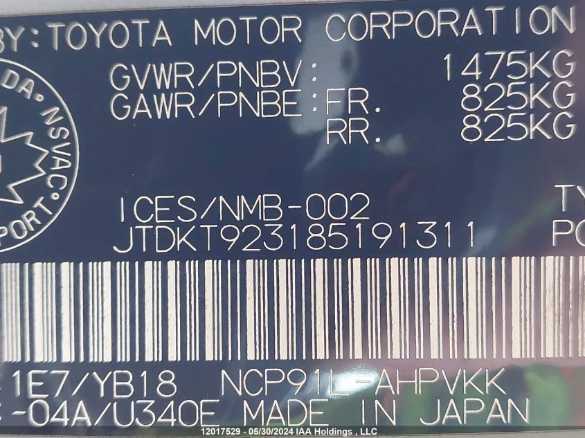 2008 Toyota Yaris Le/Rs VIN: JTDKT923185191311 Lot: 12017529